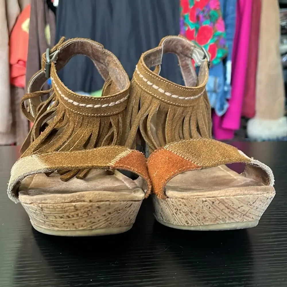Minnetonka Fringe Suede Platform Wedge Sandals - Brown